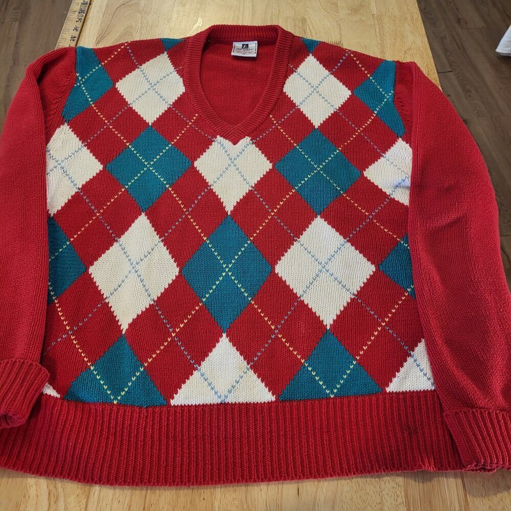 Vintage Argyle 100% Cotton Red White & Green Gold Norsport Lonng Sleeve Sweater